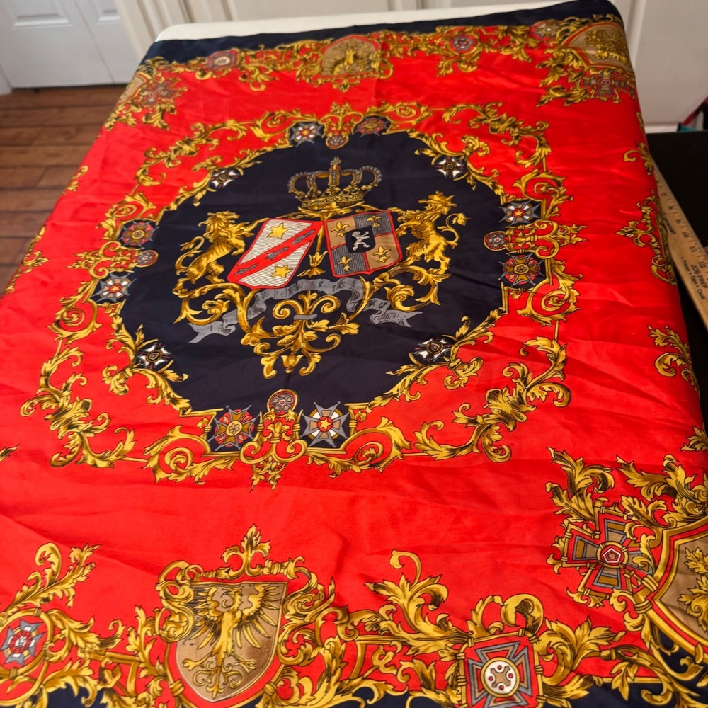 Square Scarf Womens 34x34 Red Navy Blue Heraldic Crest Gold Baroque Print